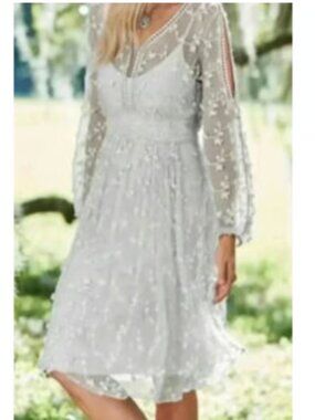 Sundance Delicate Grey Embroidered Floral Lace Sheer Midi Dress Size 10 w/ Slip